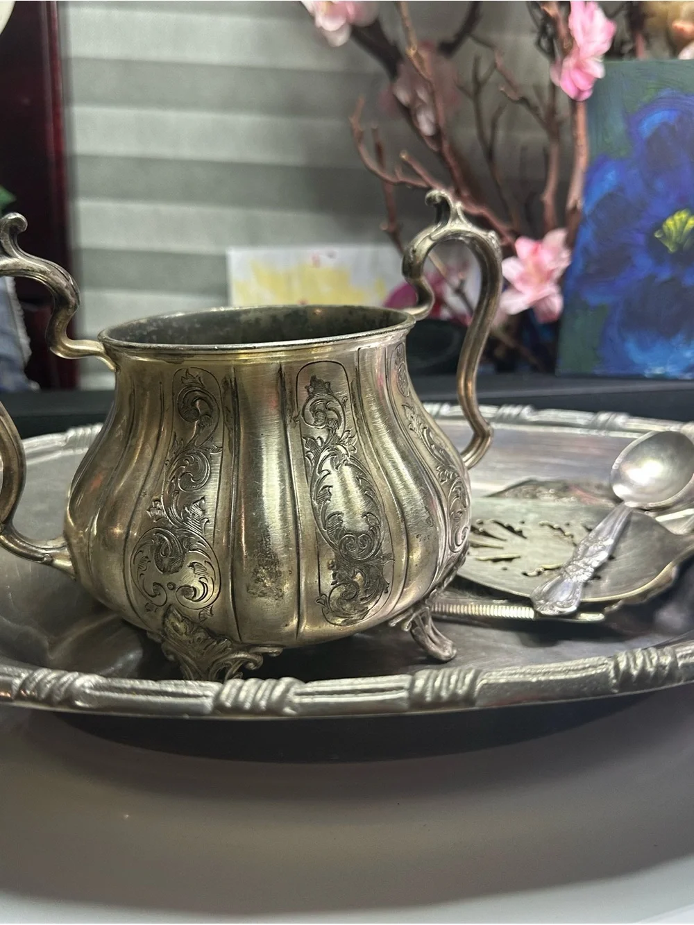 Antique-Style Silver Plated Sugar Bowl with Elegant Scrollwork